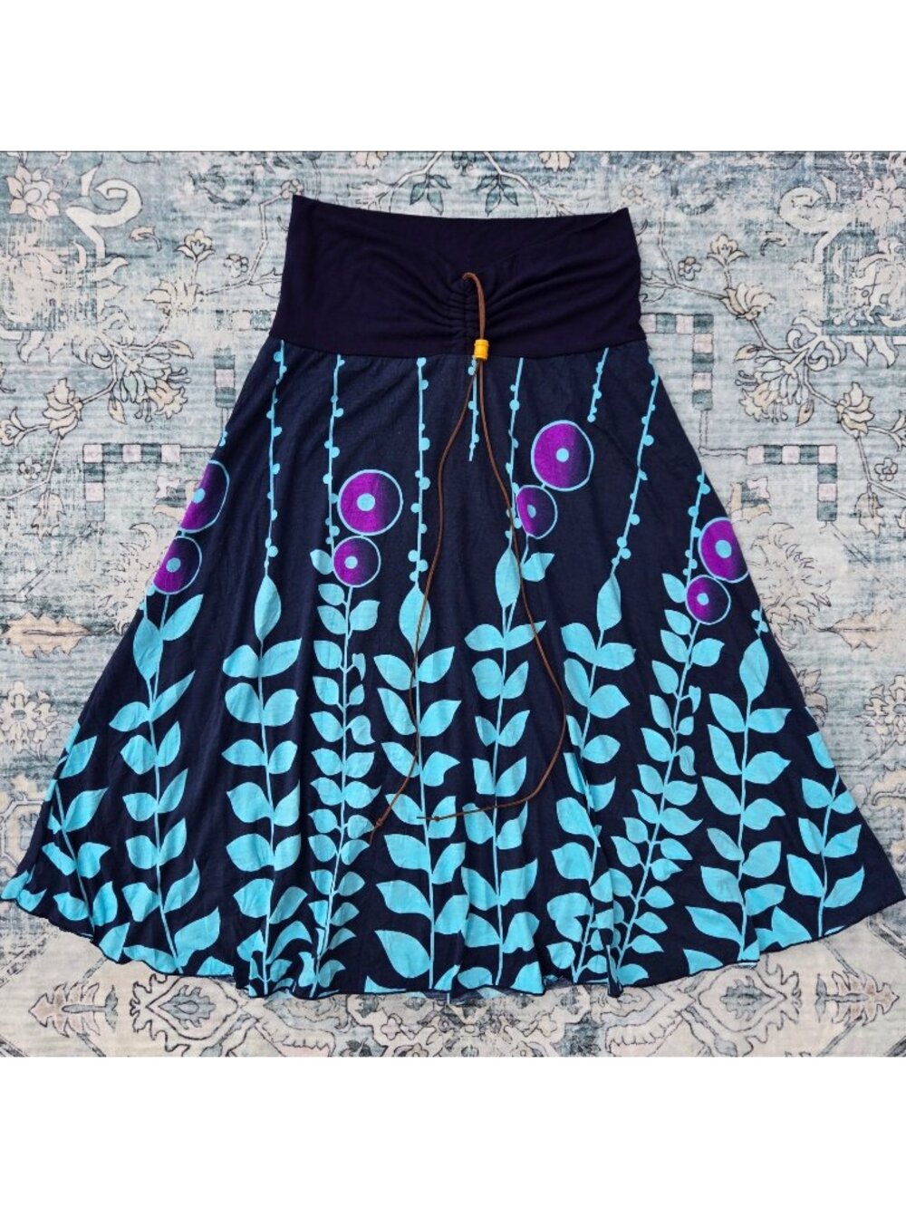 Y2K Blue Purple Floral Boho Fairy Midi Skirt Size L Stretch Jersey A line 2000s